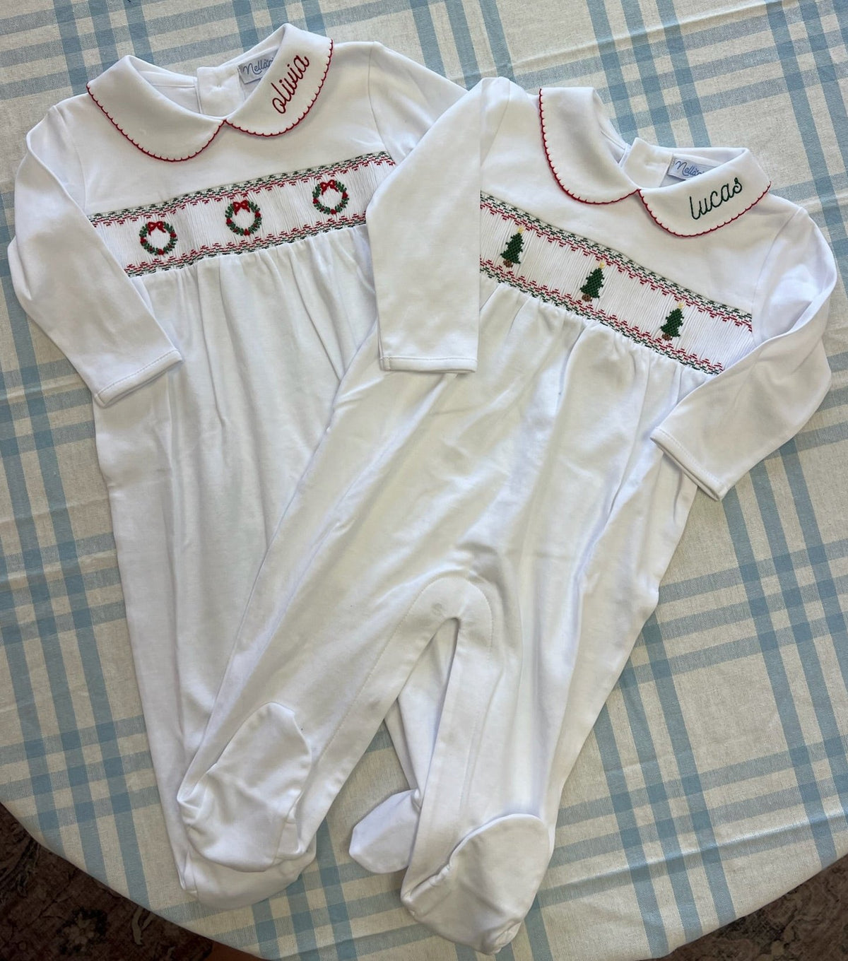 Long Sleeve Smocked Romper with Christmas Trees