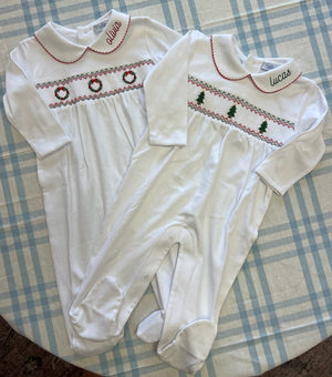 Long Sleeve Smocked Romper with Christmas Trees