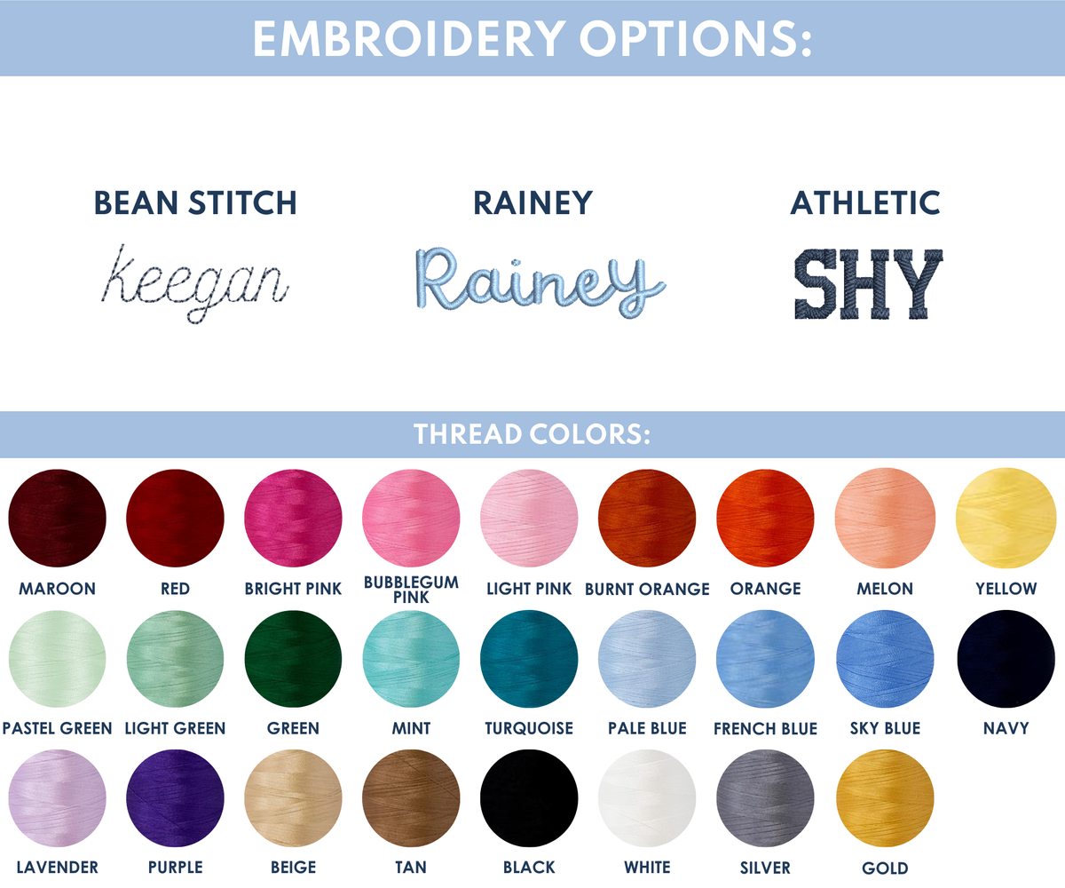 Embroidery options chart displaying font styles Bean Stitch, Rainey, and Athletic, along with thread color choices.