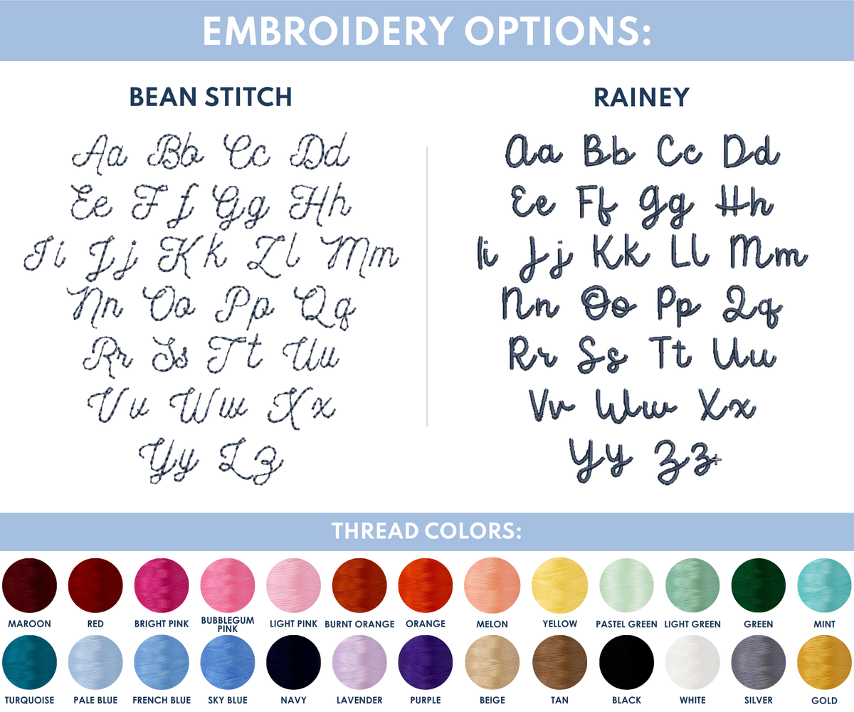 Embroidery options chart showing Bean Stitch and Rainey font styles with corresponding thread color choices.