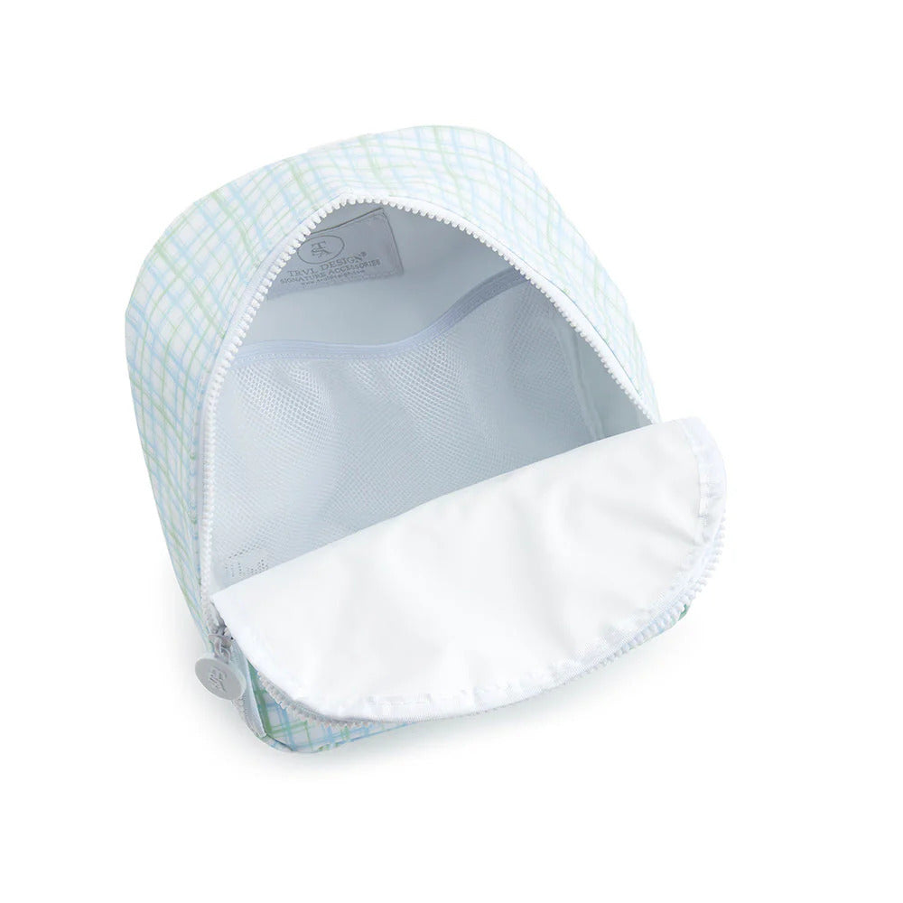 Interior view of the TRVL Bring It Lunch Box with Motif, featuring a pastel plaid exterior and a spacious, insulated white interior with a mesh pocket—perfect for keeping snacks and drinks fresh for school, daycare, or outings.