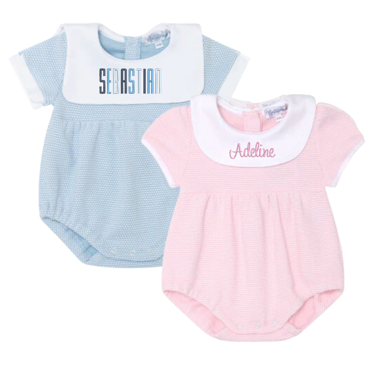 Two seersucker baby outfits with personalized embroidery
