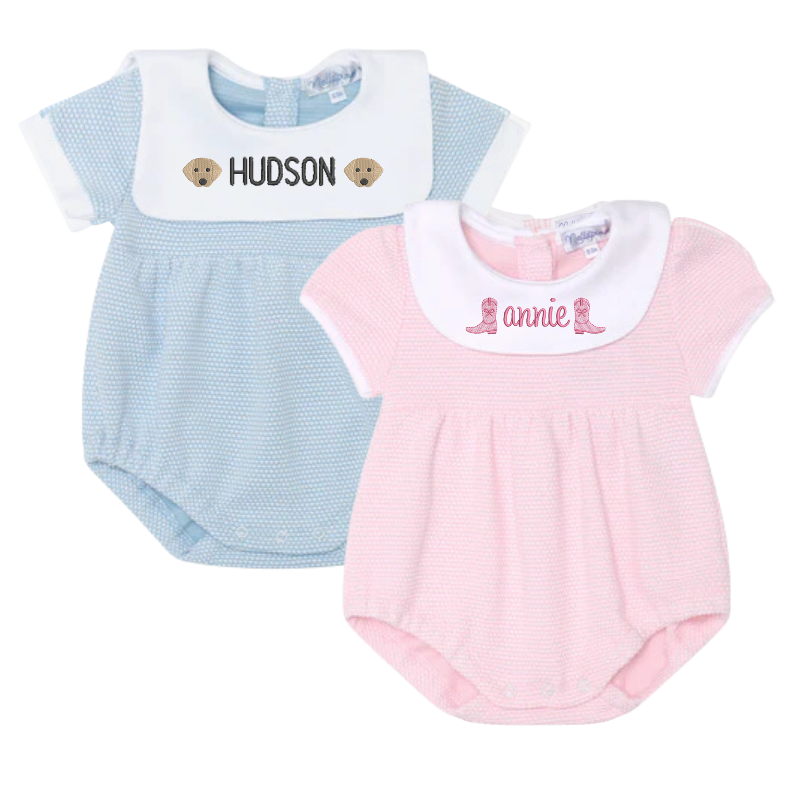 Two baby dresses: a pink dress with a white collar, and a blue dress with a white collar.