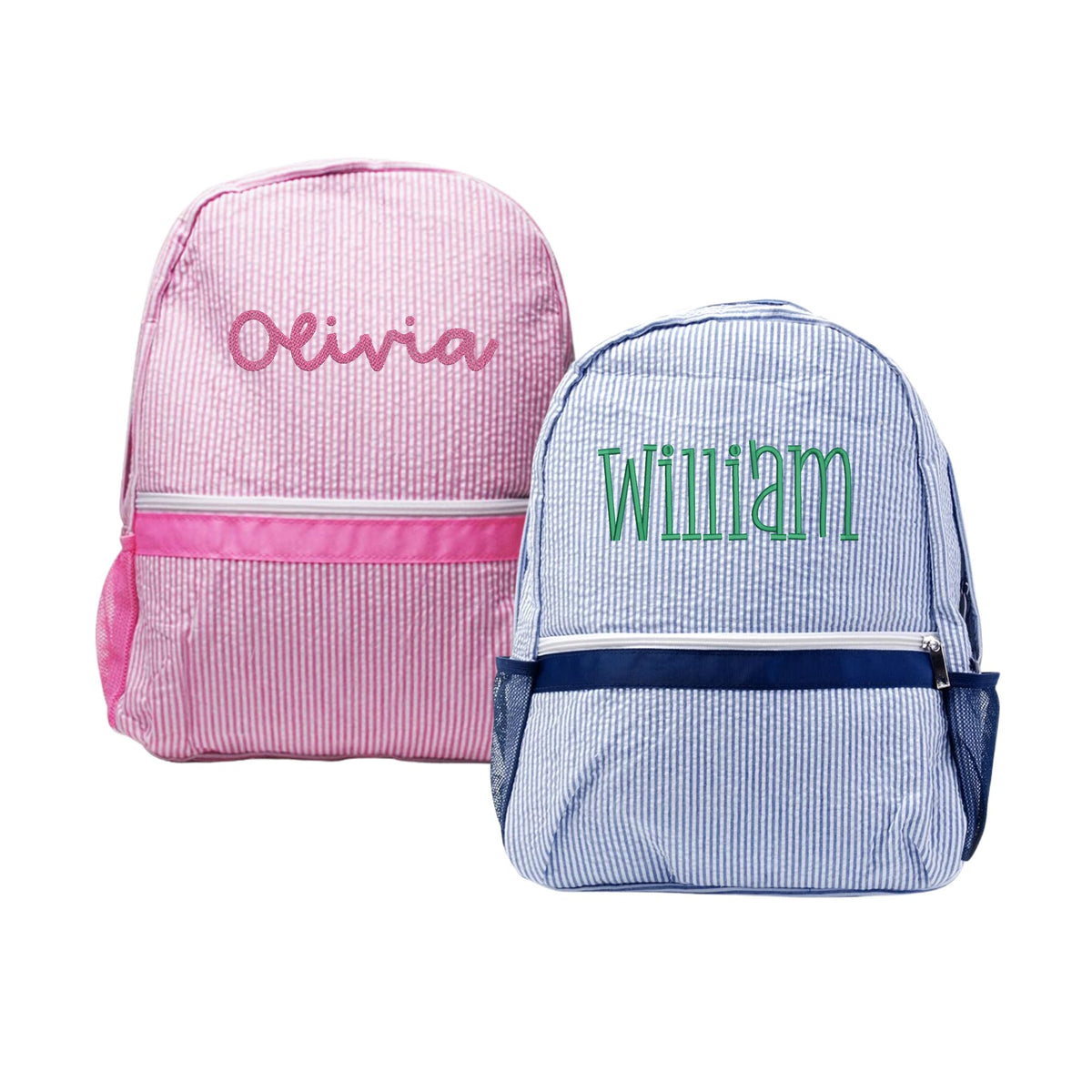 Pink striped backpack and blue striped backpack both featuring matching handles and zippers.