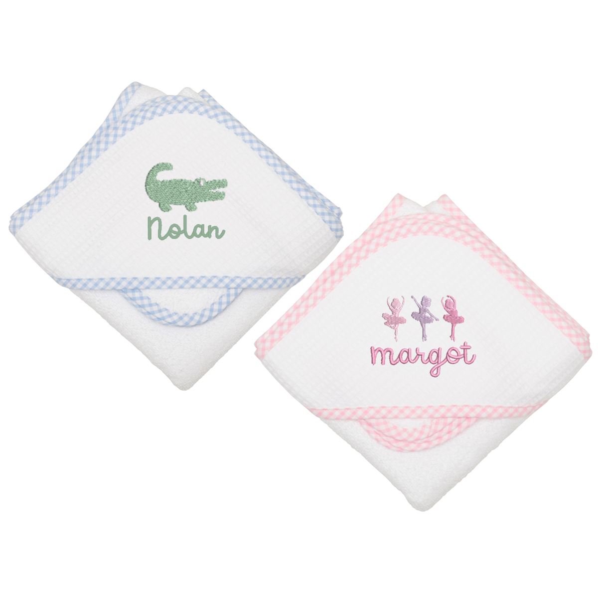 Soft hooded towels with gingham trim, perfect for keeping babies warm and cozy after bath time
