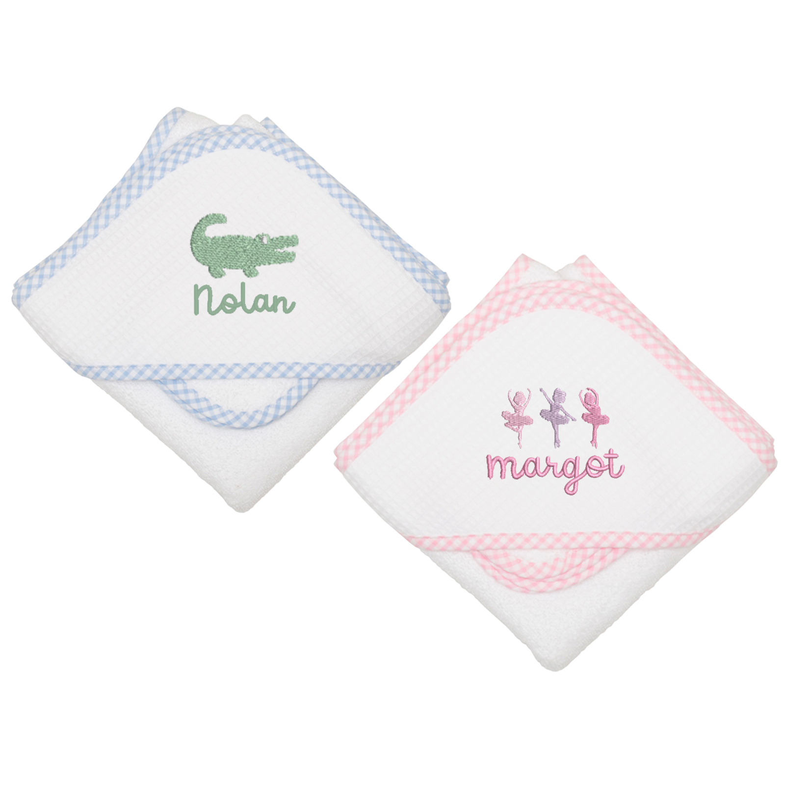 Soft hooded towels with gingham trim, perfect for keeping babies warm and cozy after bath time