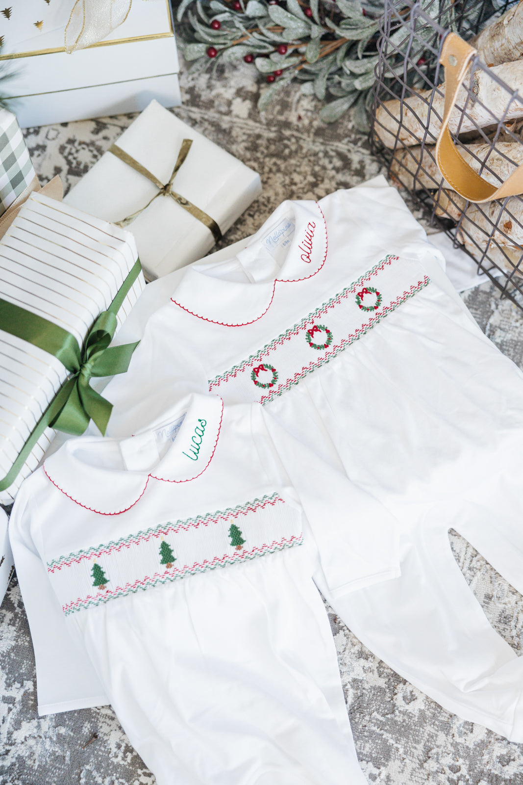 Long Sleeve Smocked Romper with Christmas Trees