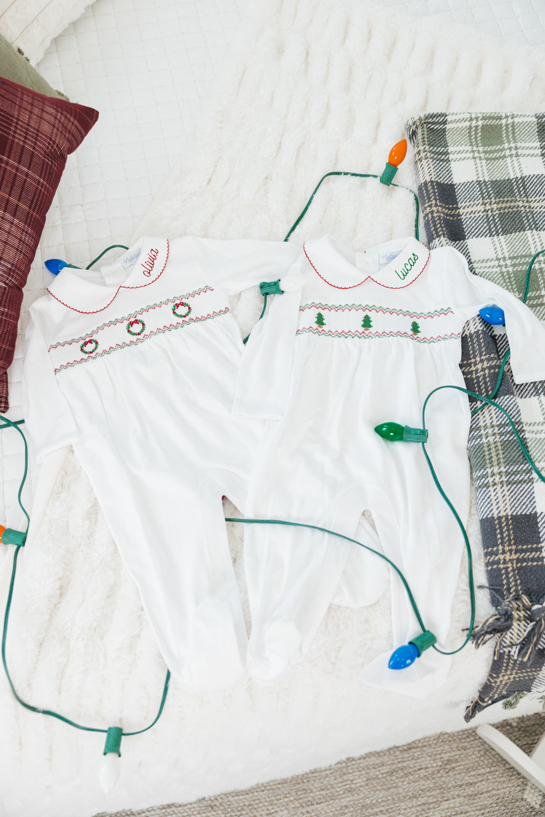 Long Sleeve Smocked Romper with Christmas Trees