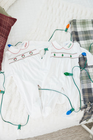 Long Sleeve Smocked Romper with Christmas Trees