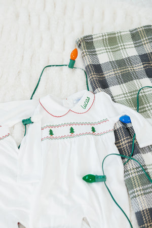 Long Sleeve Smocked Romper with Christmas Trees