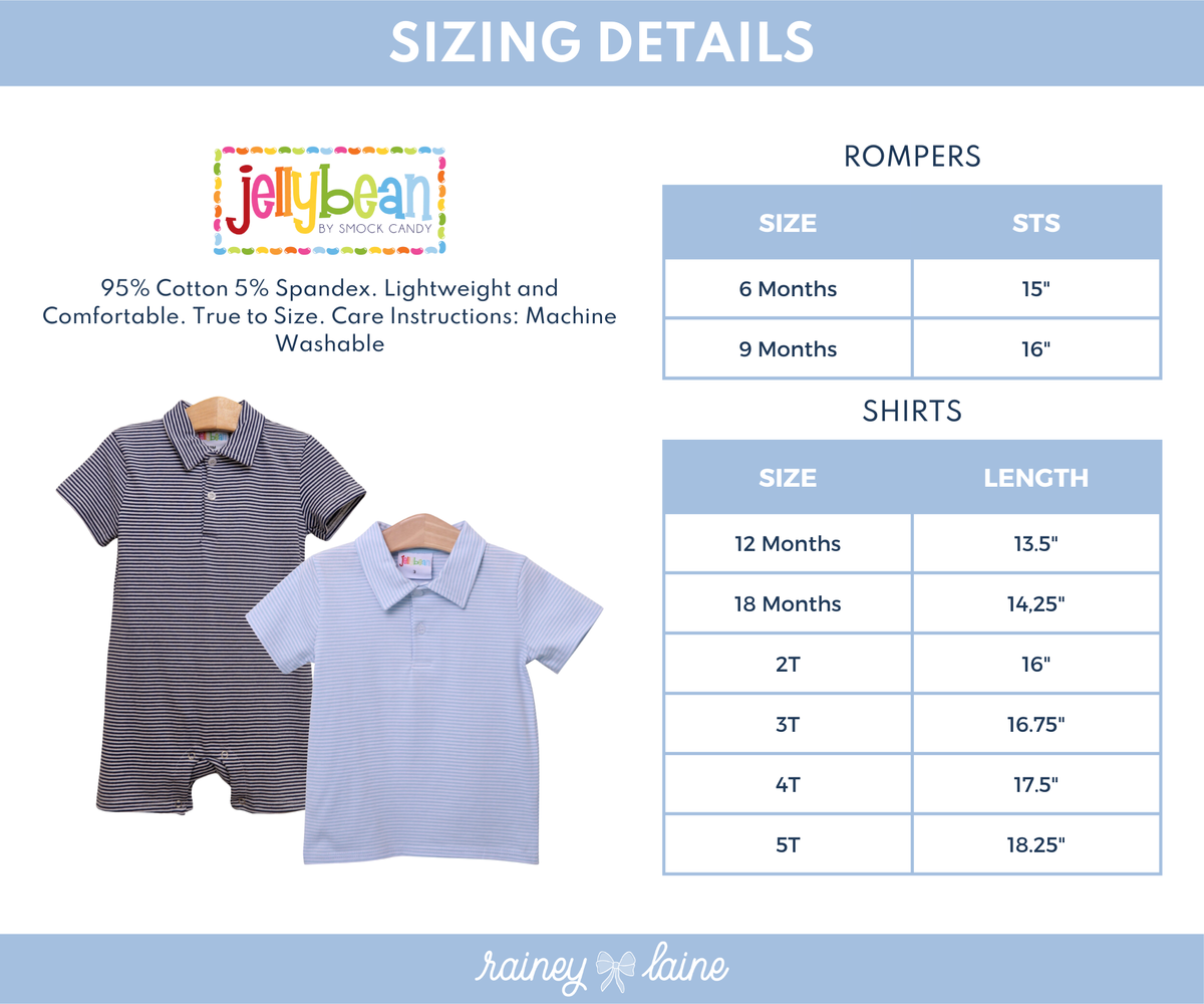 Sizing chart for Jellybean by Smock Candy clothing, detailing sizes and corresponding measurements for rompers