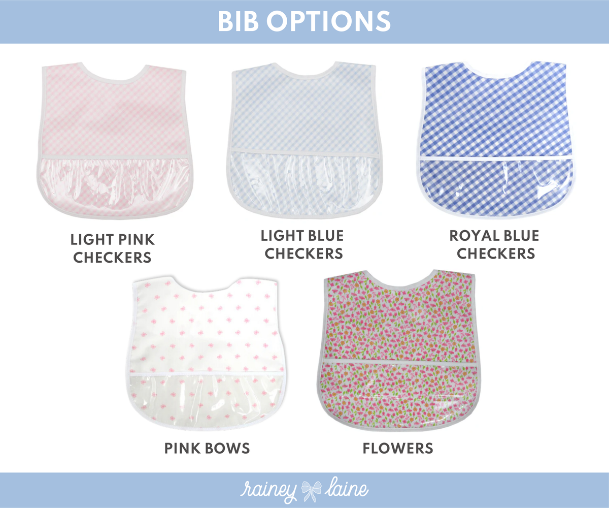 Bib options chart featuring five designs: Light Pink Checkers, Light Blue Checkers, Royal Blue Checkers, Pink Bows, and Flowers.