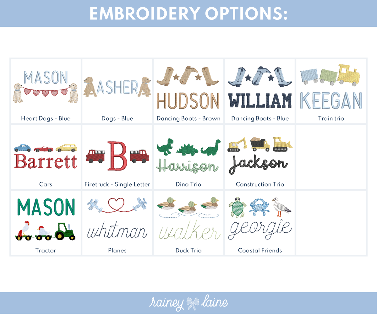 Embroidery options for Solid Short Sleeve T-Shirts with Motif, featuring playful designs like Heart Dogs, Train Trio, Firetruck, Dino Trio, Tractor, Planes, Duck Trio, and more—perfect for customizing kids' tees with colorful, whimsical motifs and names.