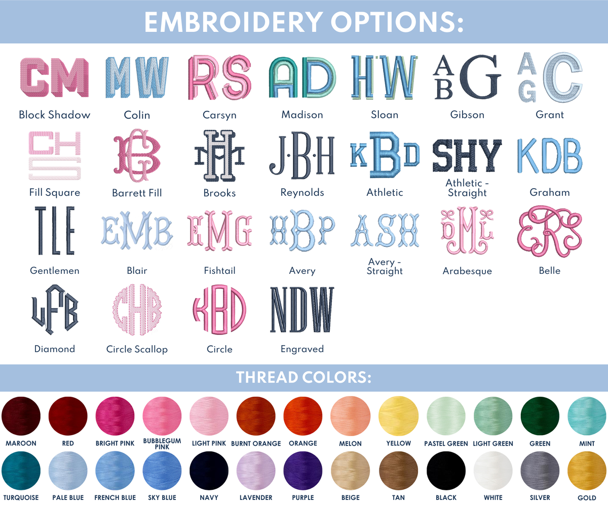 Embroidery options chart displaying various font styles and thread colors for customization.