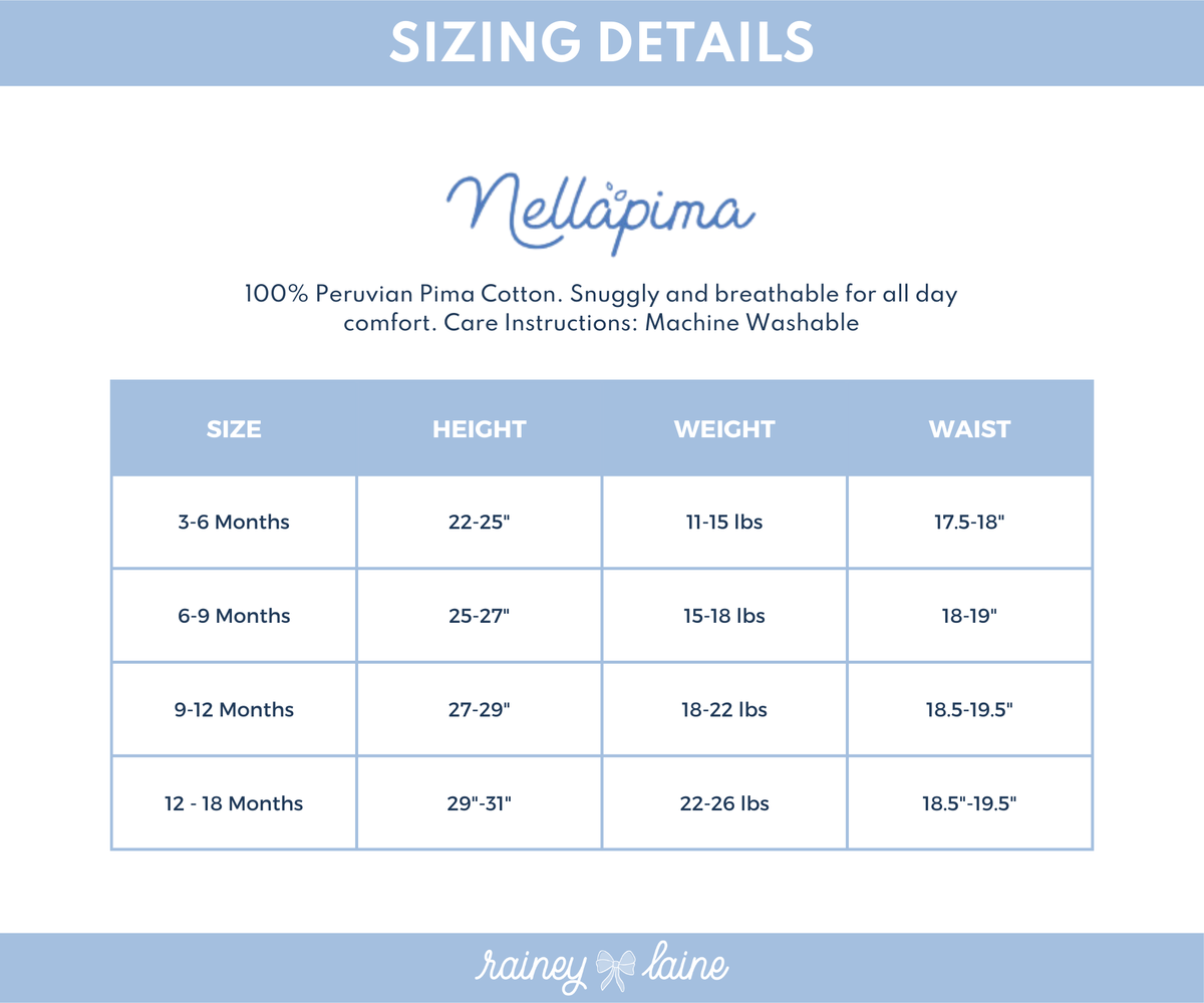 Sizing chart for Nella Pima clothing, detailing sizes 3-6 months, 6-9 months, 9-12 months, and 12-18 months 