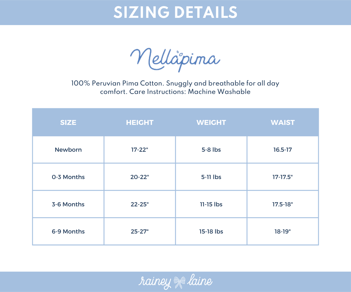 Sizing chart for Nella Pima clothing, detailing sizes newborn, 0-3 months, 3-6 months, and 6-9 months