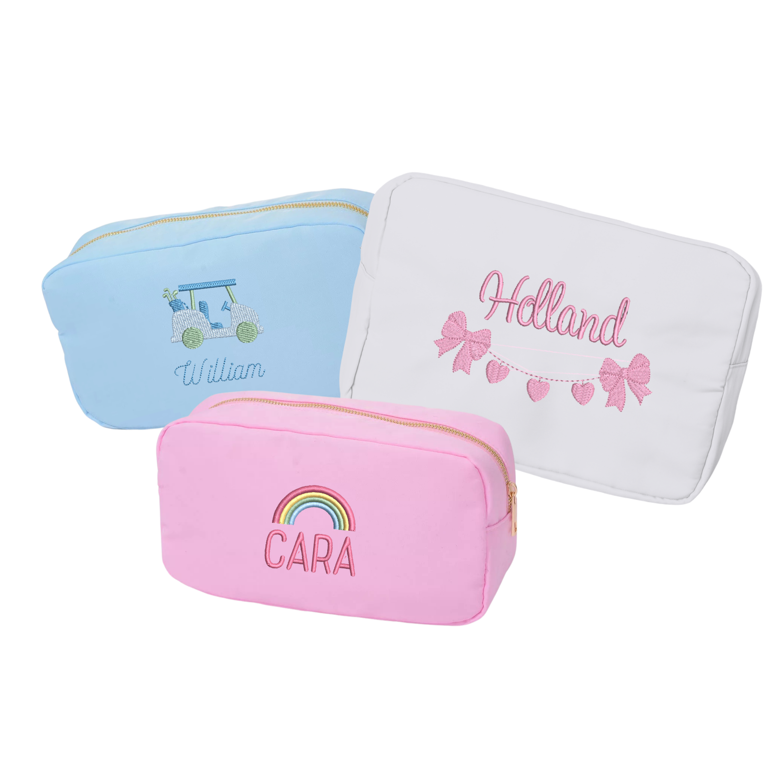 Three colorful pouches displayed: one in blue, one in white, and one in pink with motif.