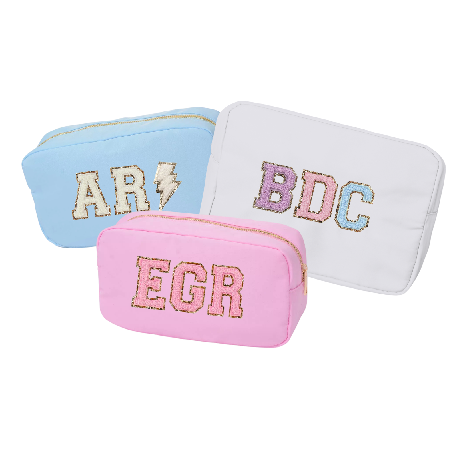 Colorful zippered pouches, perfect for storing small essentials, with a soft fabric exterior and durable construction.