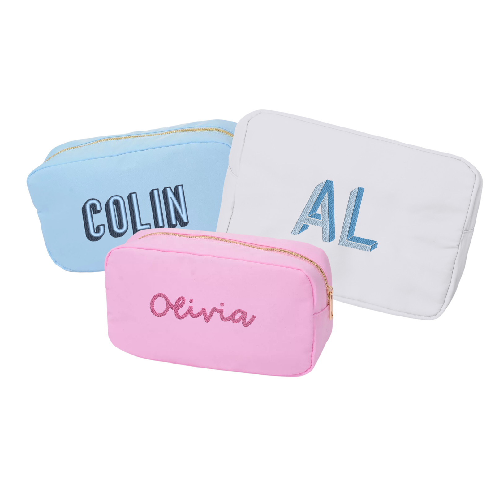 Three colorful pouches displayed: one in blue, one in white, and one in pink.