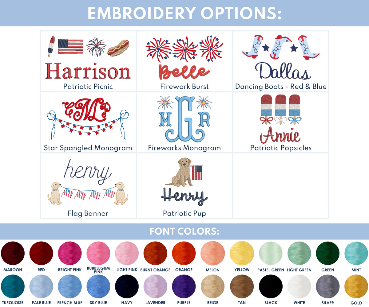 Embroidery design chart showcasing patriotic motifs for kids' apparel, ideal for customizing Short Sleeve Rompers & T-Shirts with Full Chest Patriotic Motifs. Options include playful and festive designs like “Patriotic Picnic” with a hotdog, firework, and flag; “Firework Burst”; “Dancing Boots - Red & Blue”; “Star Spangled Monogram”; and “Patriotic Popsicles.” Includes font color swatches such as maroon, navy, pale blue, lavender, and gold—perfect for creating standout summer and Fourth of July outfits.