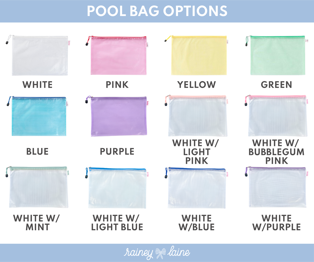 Pool bag options chart featuring twelve designs