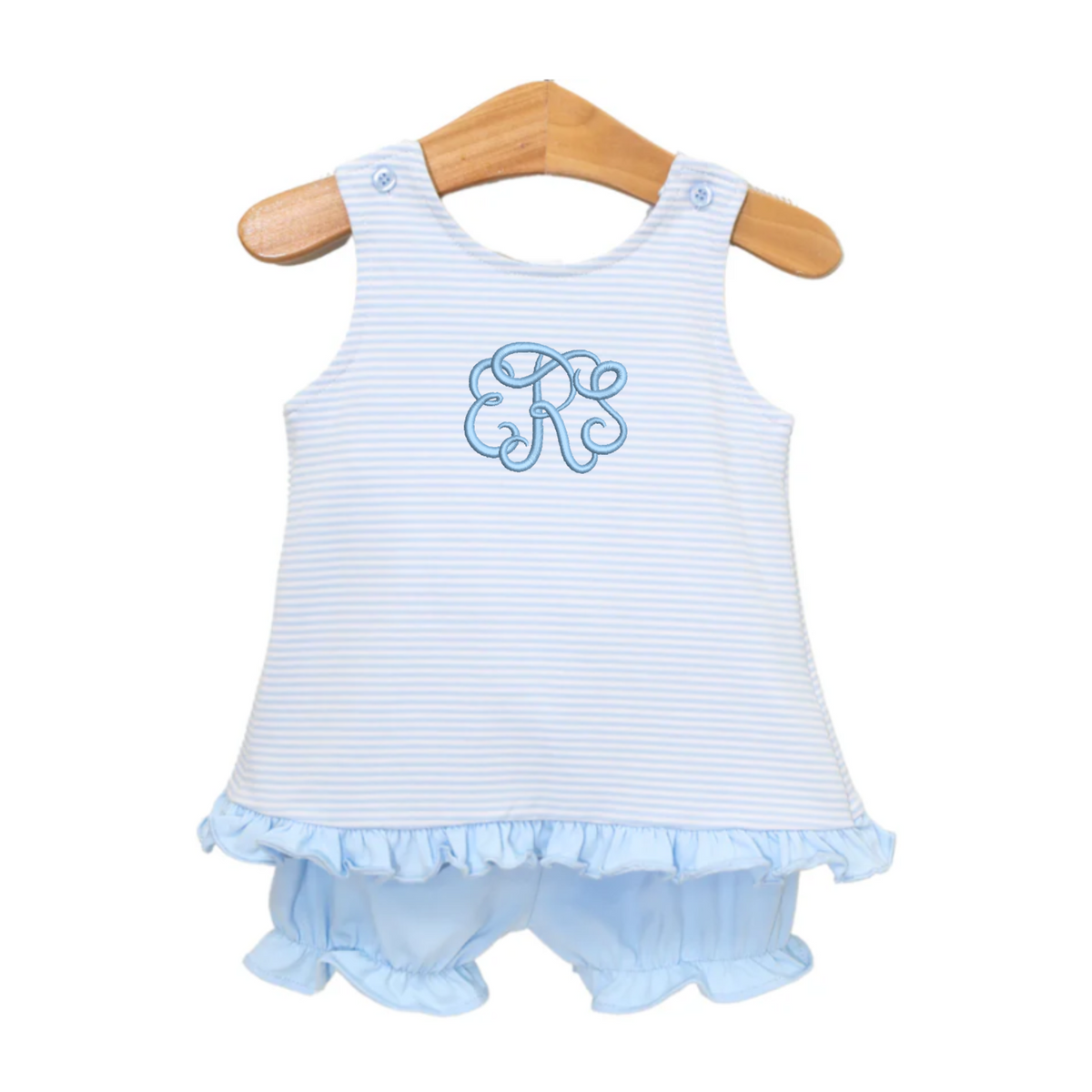 Blue and white Striped Criss Cross Bloomer Set featuring a sleeveless A-line top with buttoned shoulder straps, delicate ruffle hem, and an elegant monogram "ERS" embroidered in soft blue thread across the chest. The set is paired with matching bloomers that include gentle ruffle details at the leg openings, offering a sweet and polished look perfect for warm-weather outings, portraits, or special occasions.