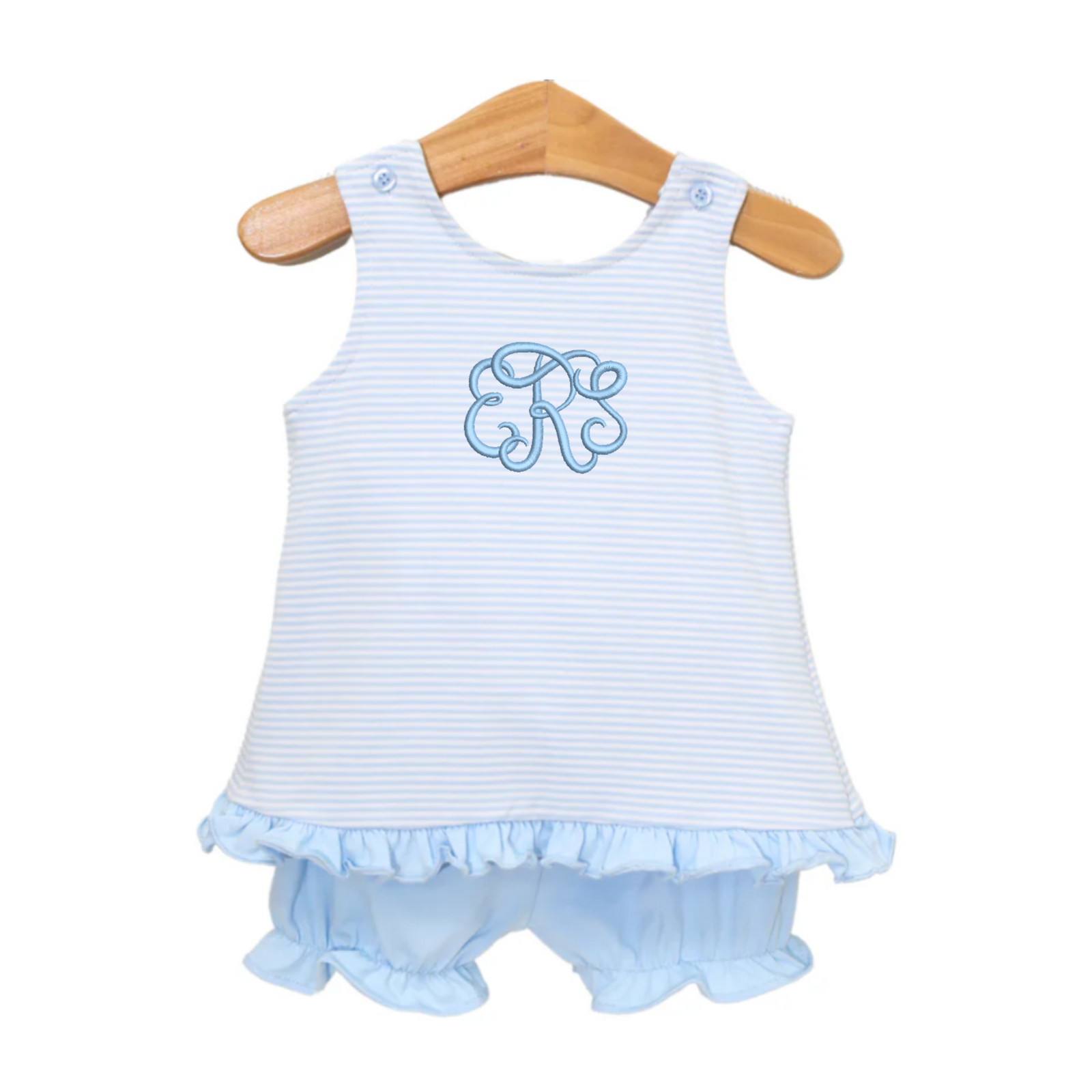 Blue and white Striped Criss Cross Bloomer Set featuring a sleeveless A-line top with buttoned shoulder straps, delicate ruffle hem, and an elegant monogram "ERS" embroidered in soft blue thread across the chest. The set is paired with matching bloomers that include gentle ruffle details at the leg openings, offering a sweet and polished look perfect for warm-weather outings, portraits, or special occasions.