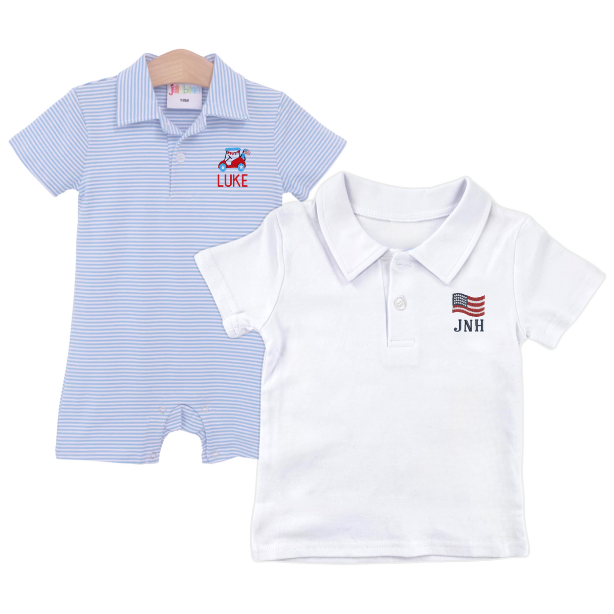 Striped Short Sleeve Romper & Polo with Motif featuring a light blue striped romper embroidered with a race car and the name "LUKE," paired with a white collared polo shirt embroidered with an American flag and monogram "JNH"—classic personalized styles for boys.