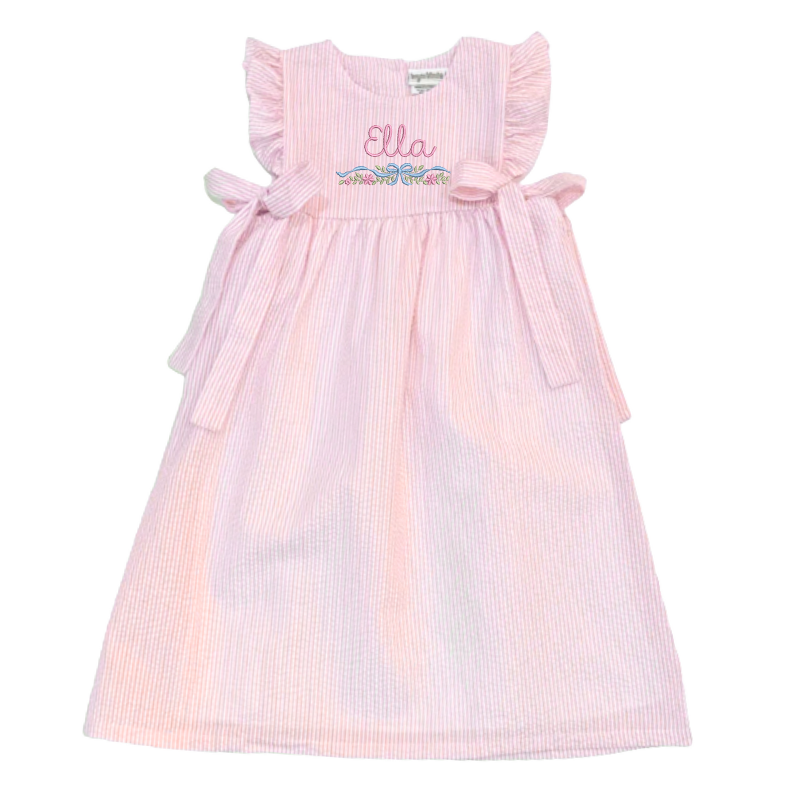 Image of a Seersucker Bow Dress with Motif in soft pink stripes, personalized with the name “Ella” embroidered above a delicate floral motif. The dress features flutter sleeves, adjustable side bows, and a gently gathered skirt—perfect for special occasions or everyday charm.