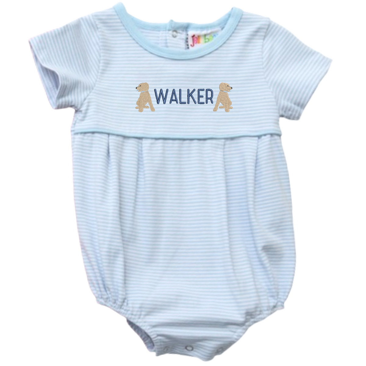 Image of a light blue Short Sleeve Striped Bubble with Motif, featuring delicate horizontal pinstripes and a soft round neckline. The bubble is personalized with the name "WALKER" in bold navy embroidery, flanked by two charming embroidered tan puppy motifs on either side. Perfectly designed for everyday comfort and personalized charm.