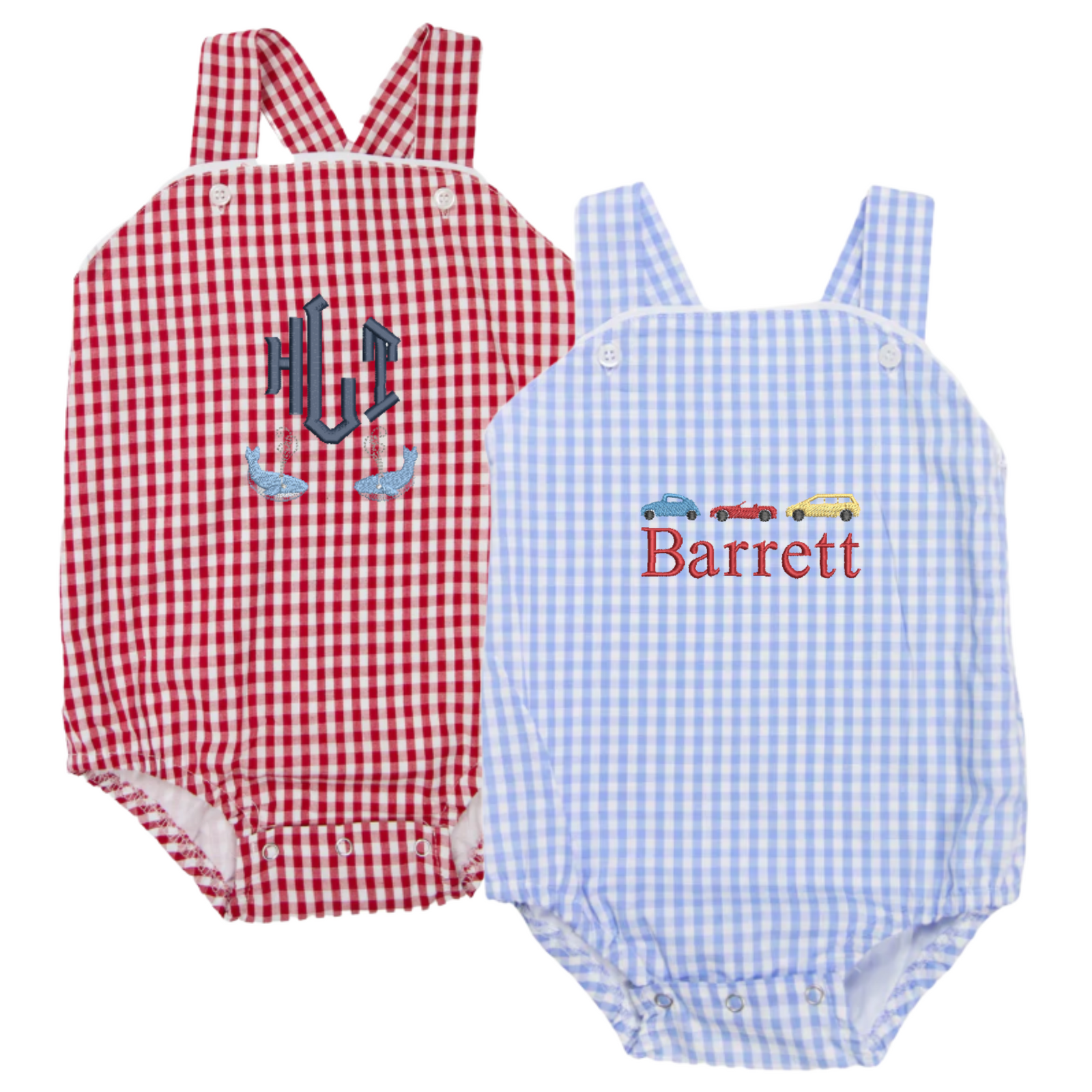 Image showcases two Gingham Sunsuits with Motif. The left sunsuit features a red gingham pattern with personalized navy blue initials and embroidered blue sailboats beneath, offering a nautical-inspired look. The right sunsuit displays a light blue gingham pattern with the name “Barrett” embroidered in red, complemented by a trio of colorful embroidered cars above the name. Both sunsuits include button closures and criss-cross straps, perfect for stylish and playful summer outfits.