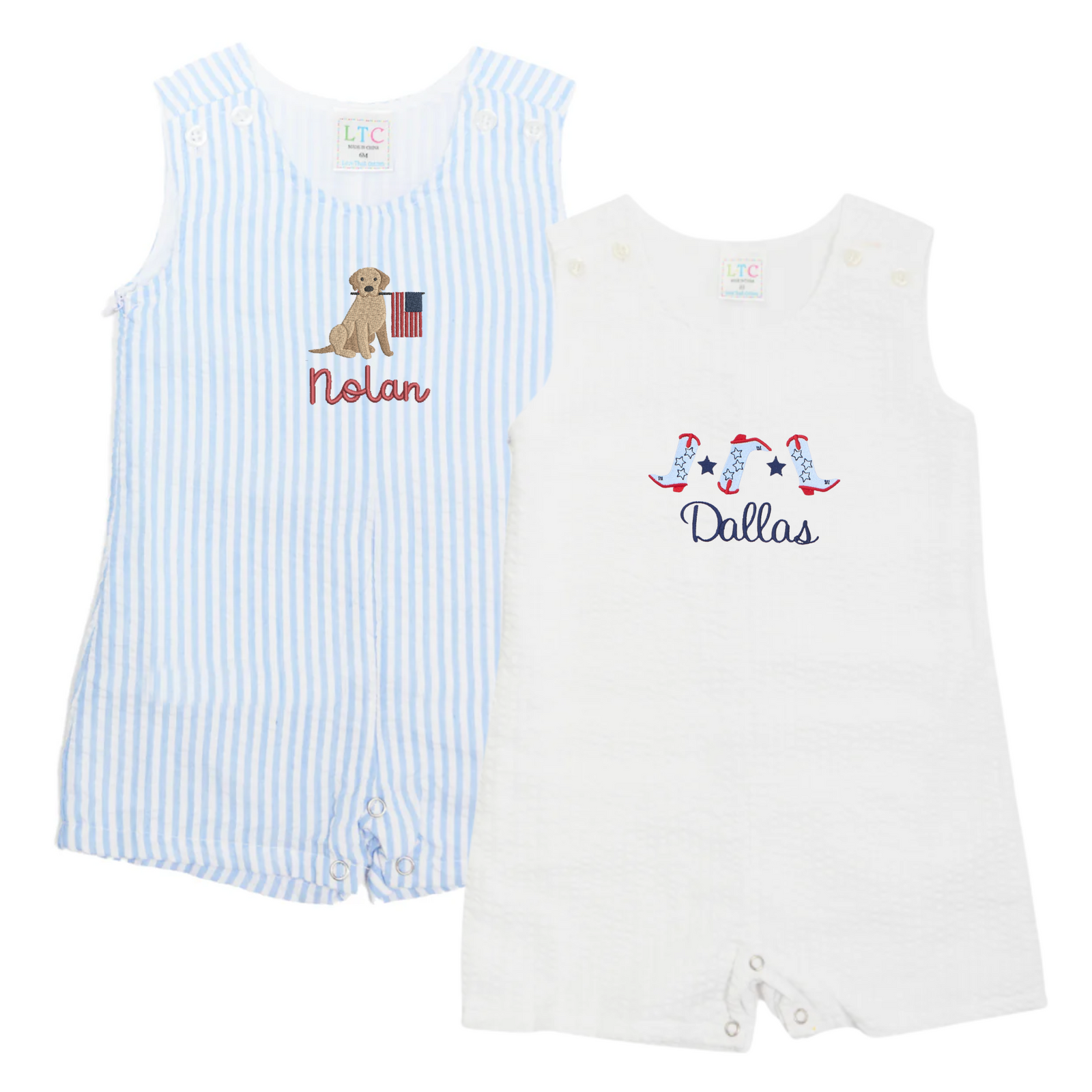Adorable Seersucker Jon Jons with Patriotic Motifs — the left Jon Jon features light blue and white vertical stripes with the name “Nolan” embroidered beneath a charming puppy holding an American flag. The right Jon Jon is solid white with “Dallas” stitched under red, white, and blue dancing boots, perfect for celebrating patriotic holidays in timeless Southern style.
