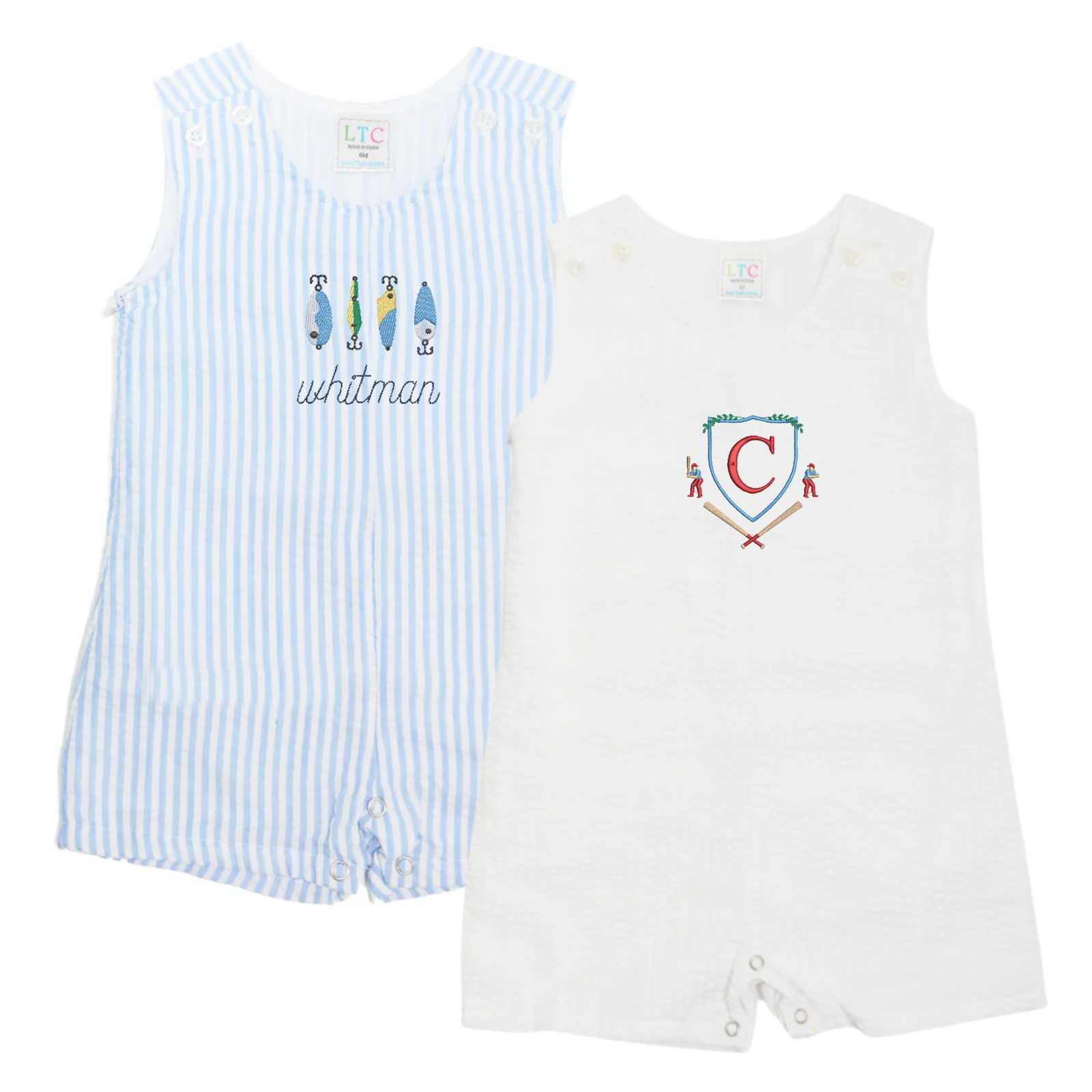 Image featuring two personalized baby outfits. On the left is a Seersucker Jon Jon with Motif, showcasing light blue and white stripes, embroidered fishing lures, and the name “whitman” in navy script. On the right is a crisp white jon jon featuring a sporty embroidered crest with a red "C" monogram flanked by crossed bats, adding a classic and playful touch. Both pieces are ideal for summer-ready, monogrammed toddler styles.