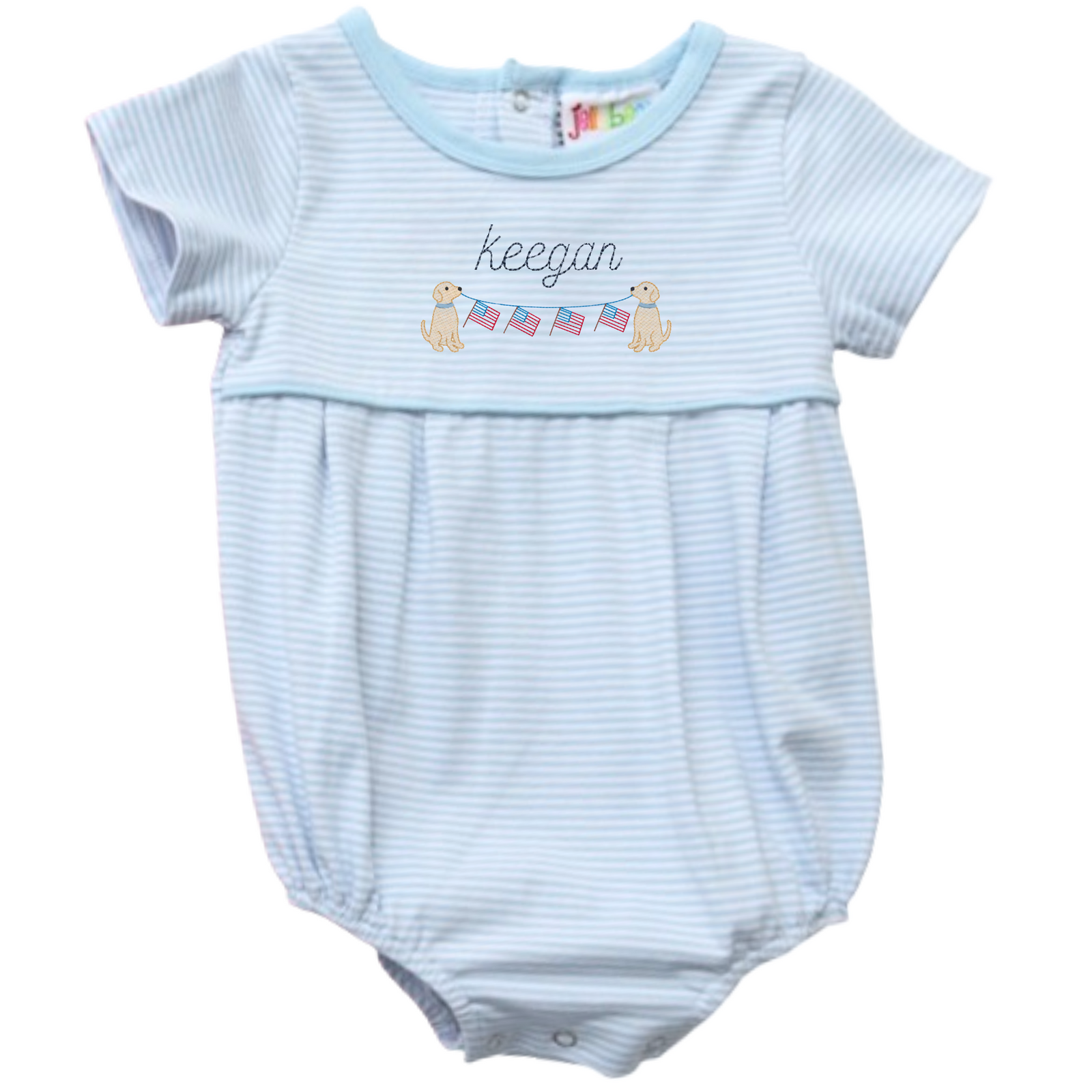 Light blue Short Sleeve Striped Bubble with a personalized patriotic motif featuring the name “keegan” embroidered above two playful puppies holding a banner of American flags. This adorable one-piece outfit combines classic style with festive charm, perfect for celebrating patriotic holidays in comfort and cuteness.
