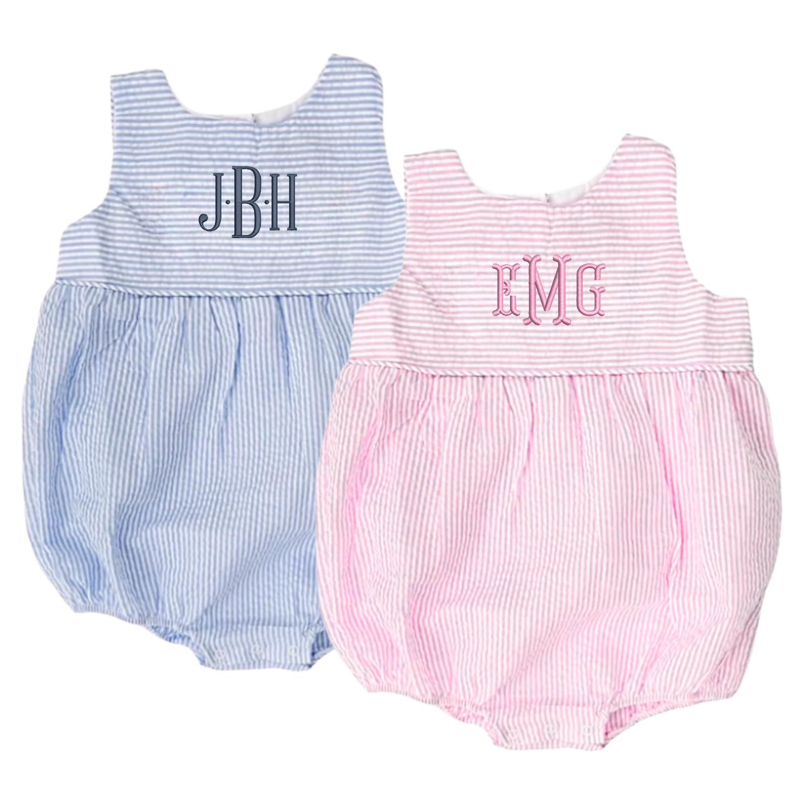 Personalized Seersucker Bubbles from Rainey Laine featuring classic sleeveless designs—one in light blue with navy monogram ‘JBH’ and one in pink with bright pink monogram ‘EMG’—crafted in soft striped fabric with gathered bottoms for a timeless baby look.