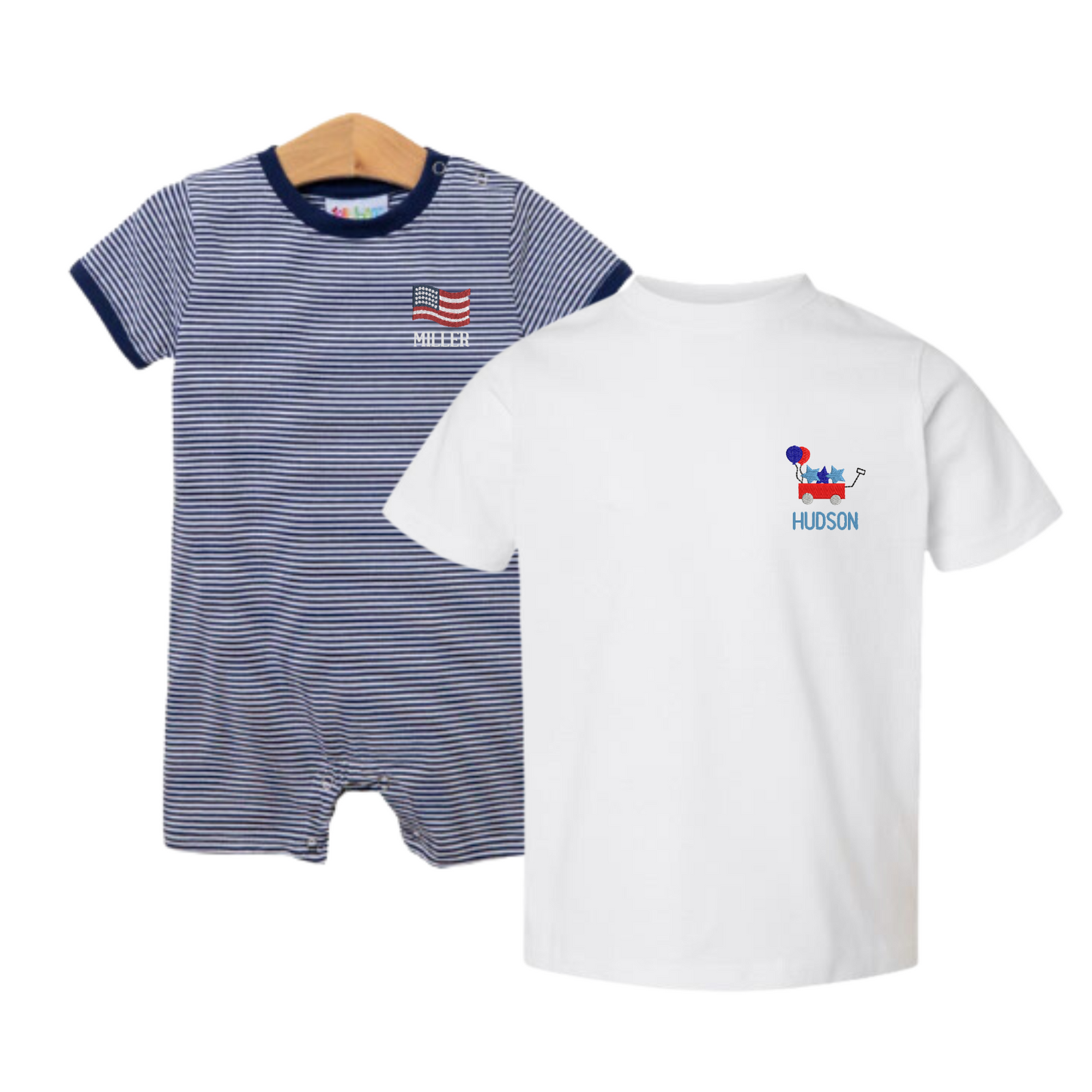 Striped Short Sleeve Romper & T-Shirt with Motif featuring a navy striped romper with embroidered American flag and name “Miller,” paired with a white t-shirt showcasing a patriotic red wagon motif and the name “Hudson”—a festive and personalized outfit set perfect for summer celebrations.