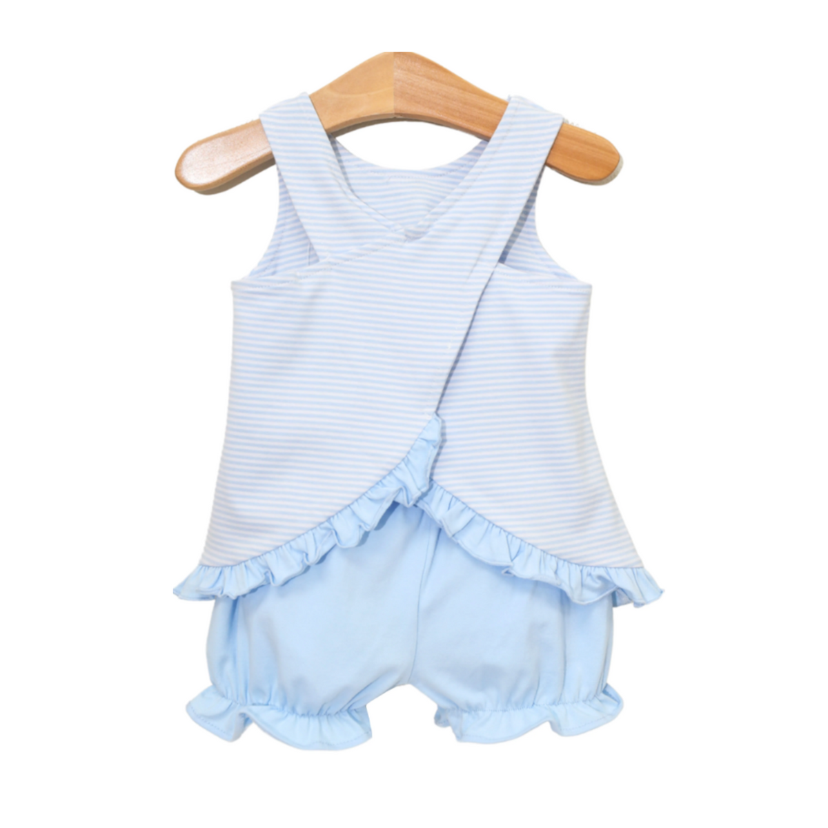 Back view of a Striped Criss Cross Bloomer Set featuring soft blue and white stripes, a charming crisscross back design, and delicate ruffle trim along the hemline. The top flows into coordinating light blue bloomers with elastic leg openings and matching ruffle accents, offering a comfortable and stylish look perfect for sunny days and special moments.