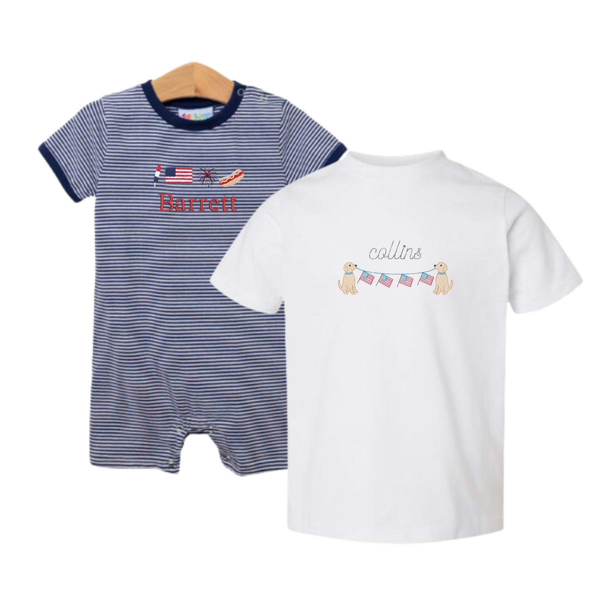 Striped Short Sleeve Romper & T-Shirt with Motif featuring patriotic embroidery—navy striped romper with fireworks, flag, hotdog, and the name “Barrett,” paired with a white tee showcasing two lab puppies holding a string of American flags and the name “Collins.”