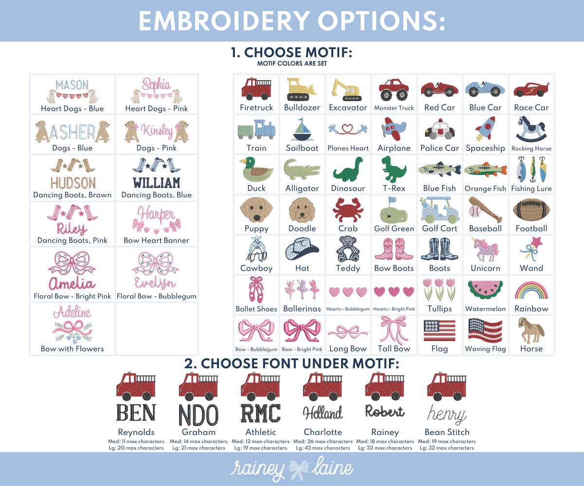 Embroidery options chart displaying various motifs including vehicles, animals, sports, and decorative designs