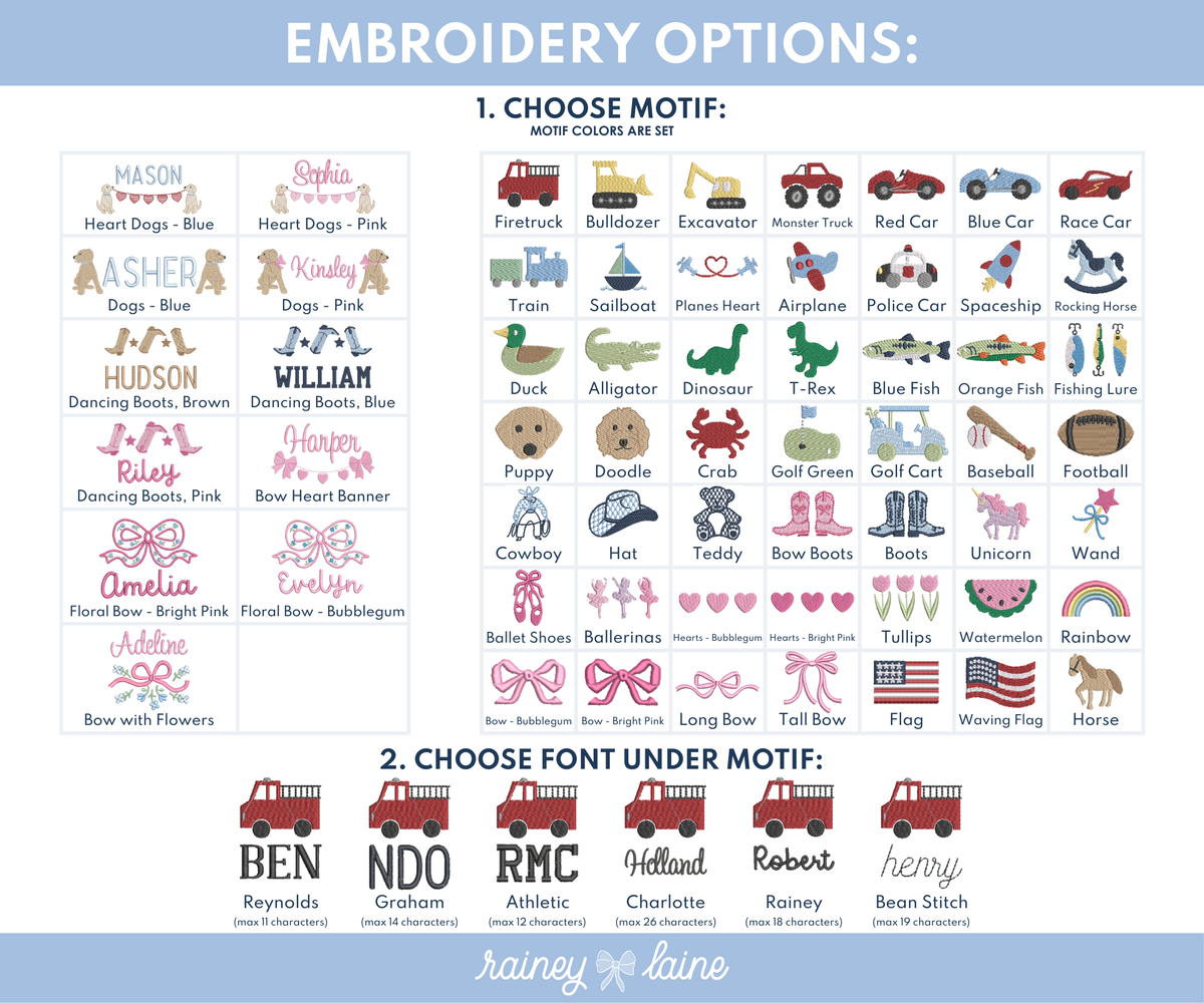 Embroidery options chart displaying various motifs, font styles under motifs, and personalized font choices.