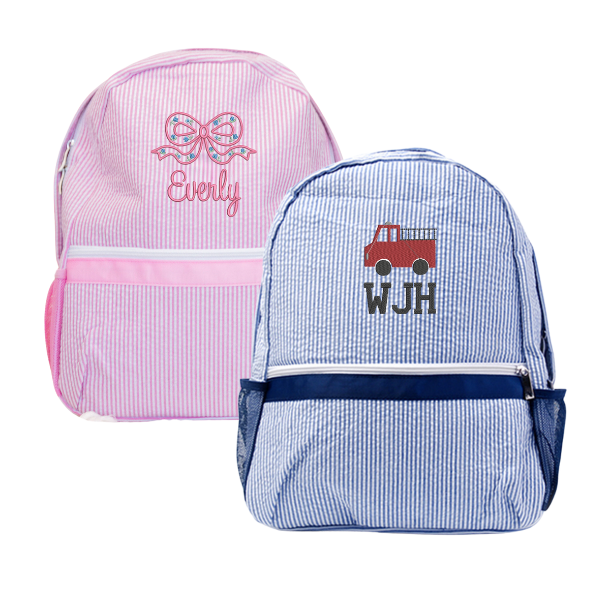 Two personalized seersucker backpacks: a pink backpack and a blue backpack.