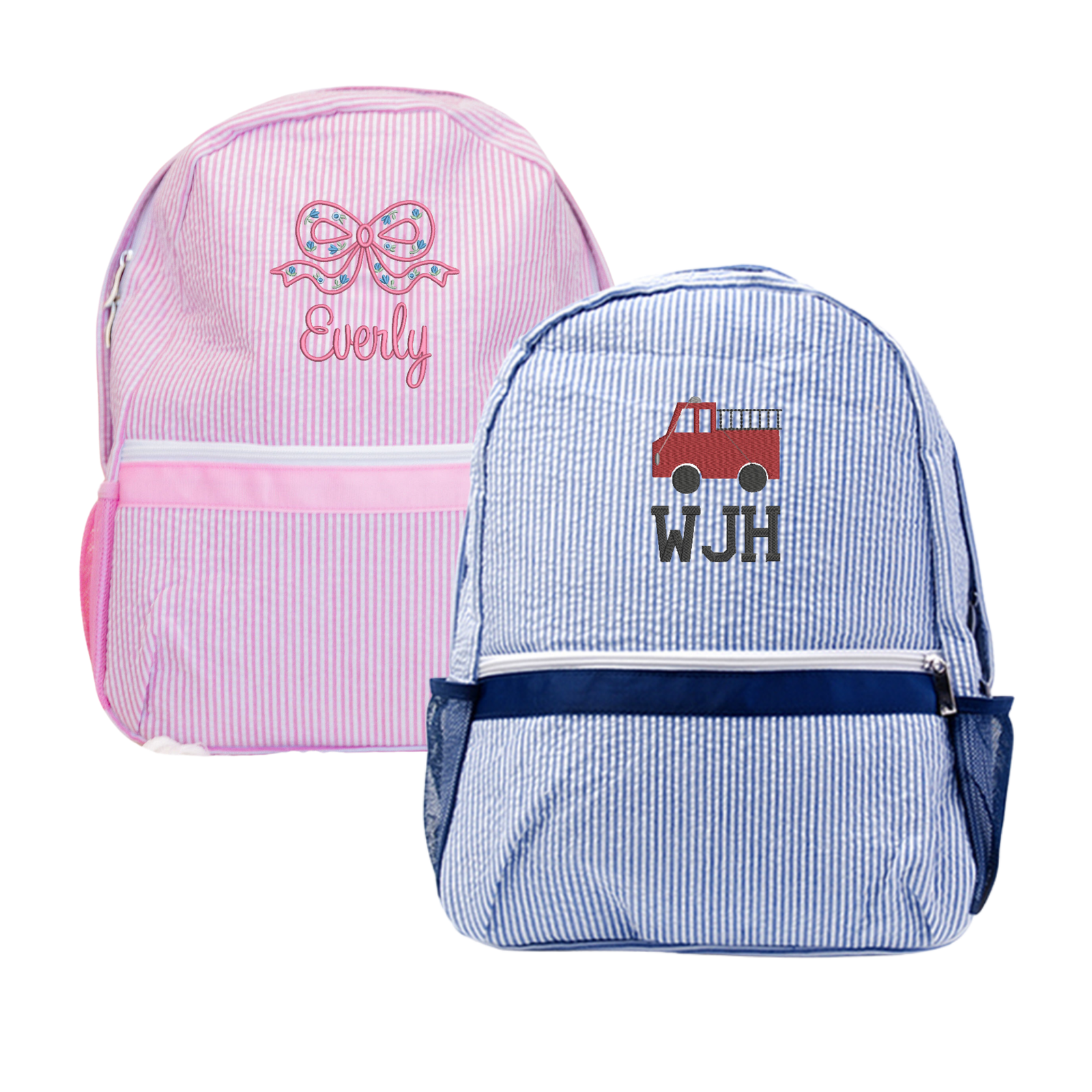 Two personalized seersucker backpacks: a pink backpack and a blue backpack.