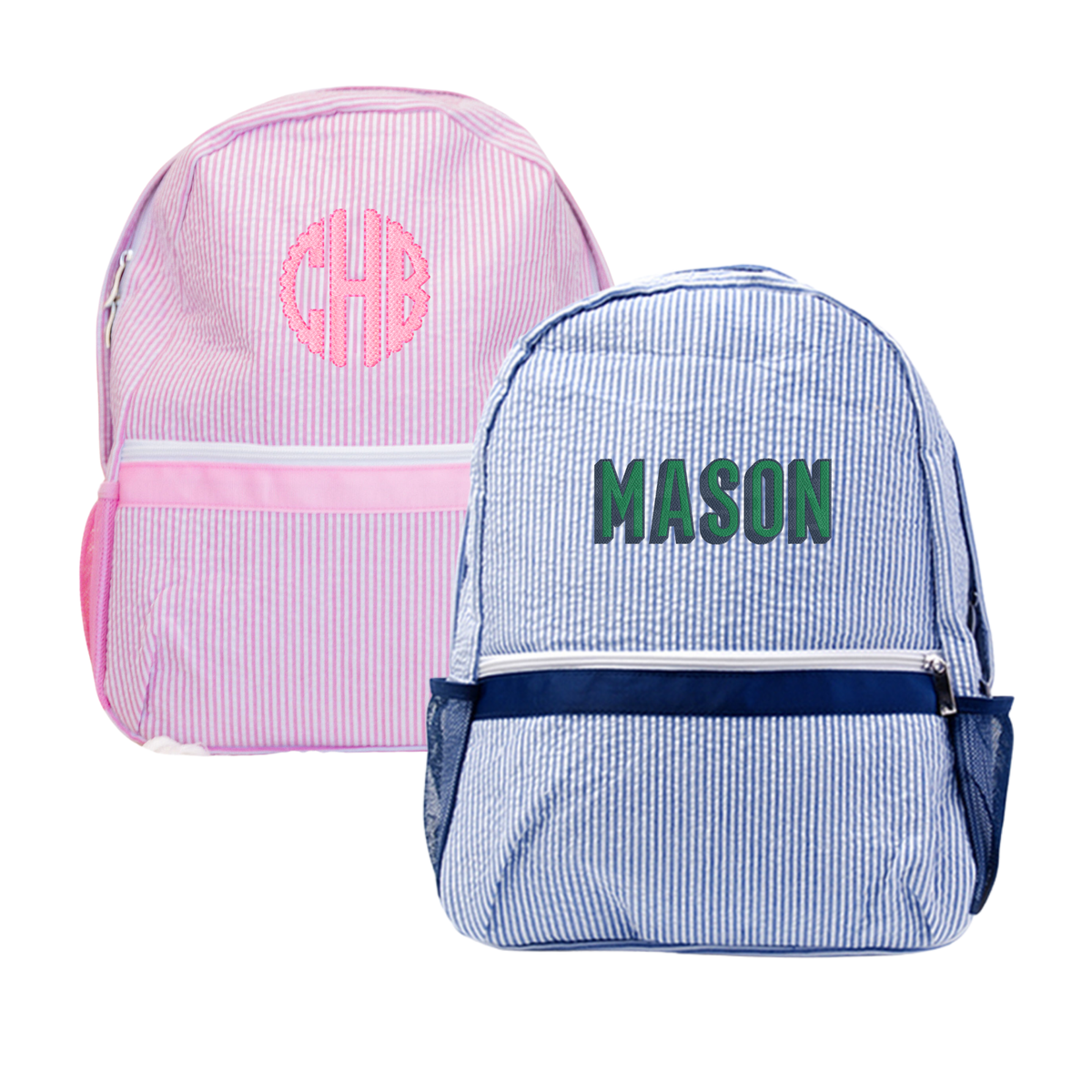 Two personalized seersucker backpacks: a pink backpack with 'CHB' initials and a blue backpack with 'Mason' name.