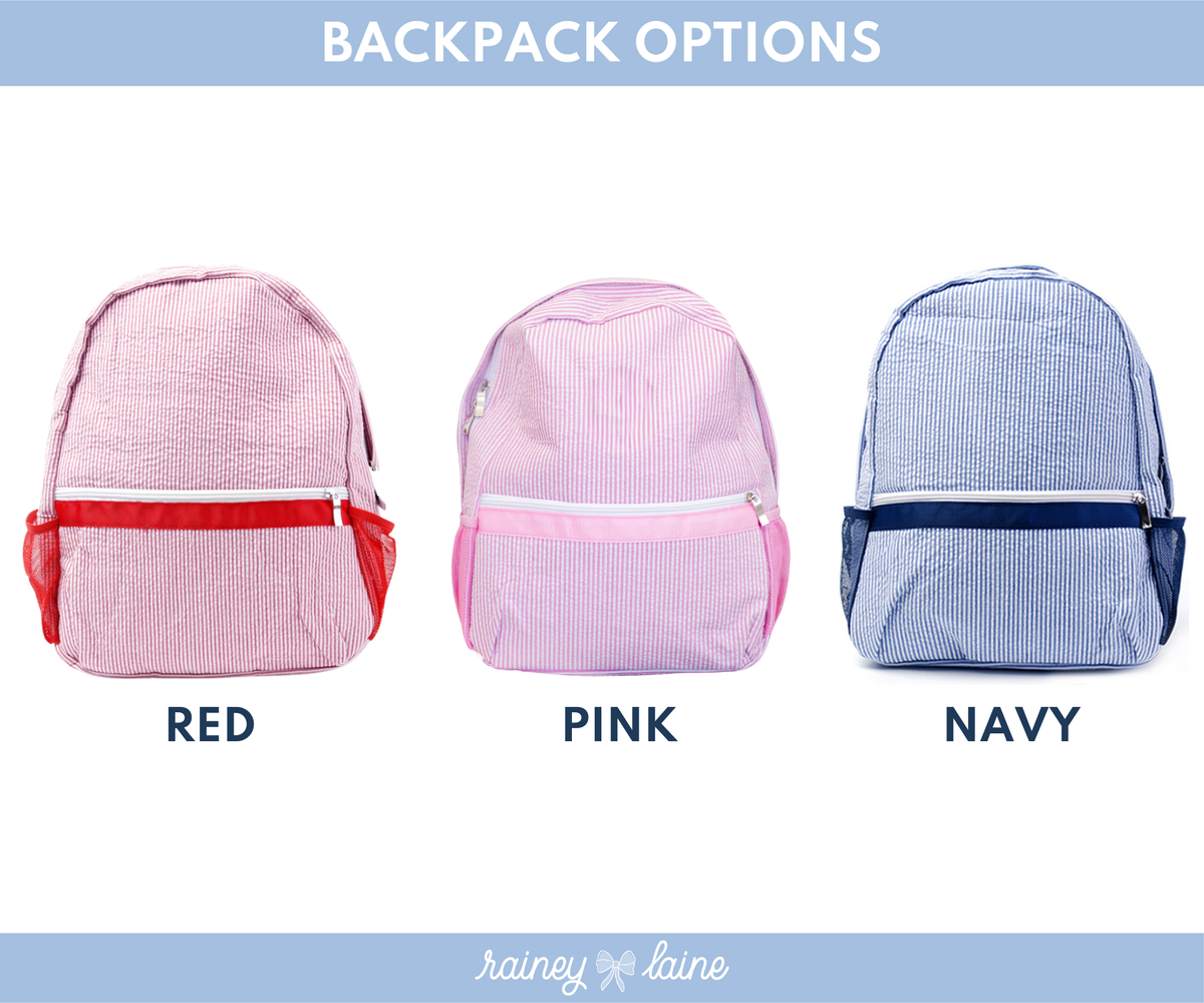 Backpack options chart featuring three designs: Red, Pink, and Navy.