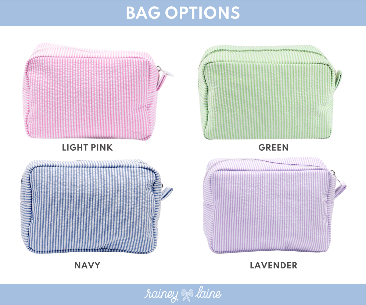 Bag options chart featuring four designs: Light Pink, Green, Navy, and Lavender.