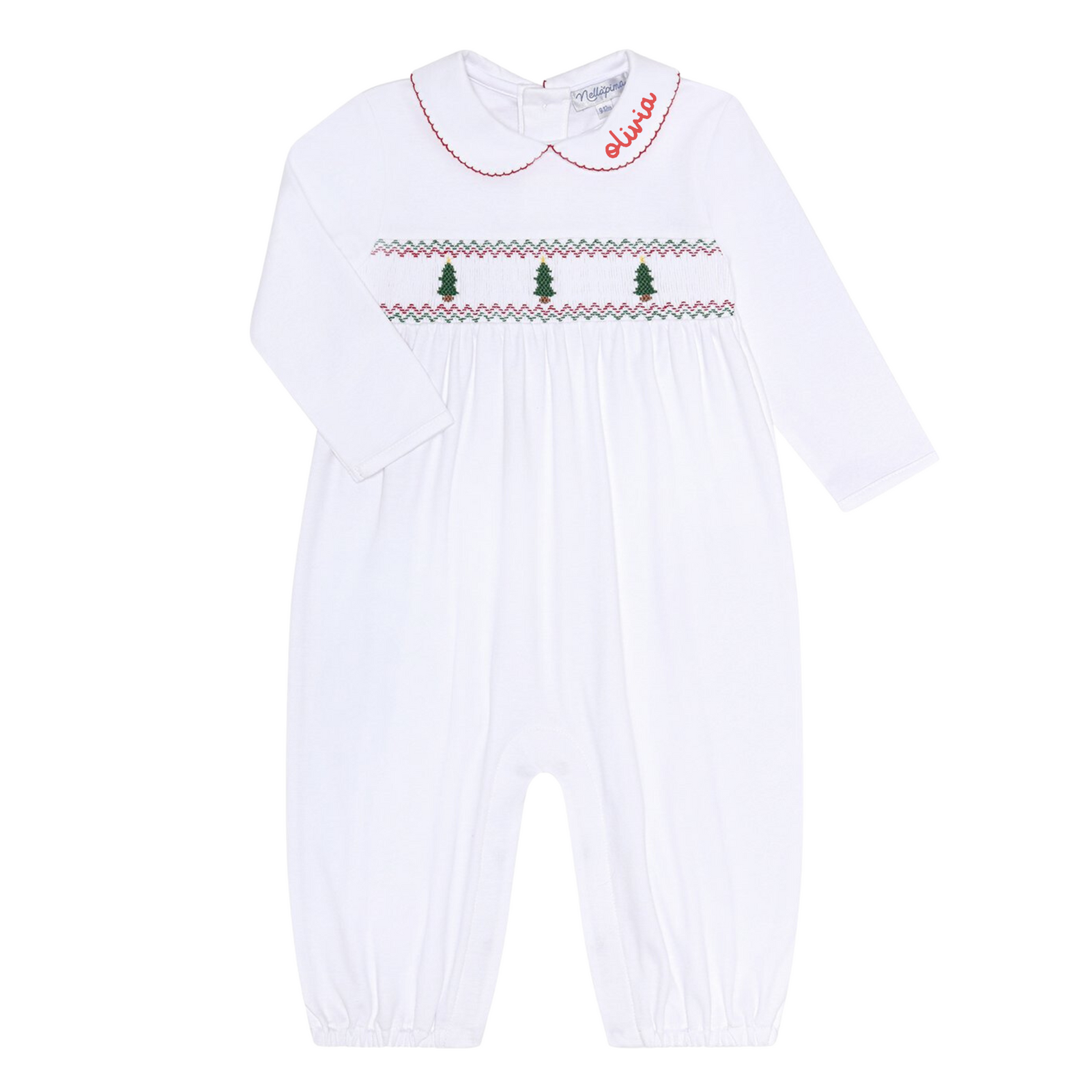 Long Sleeve Smocked Romper with Christmas Trees