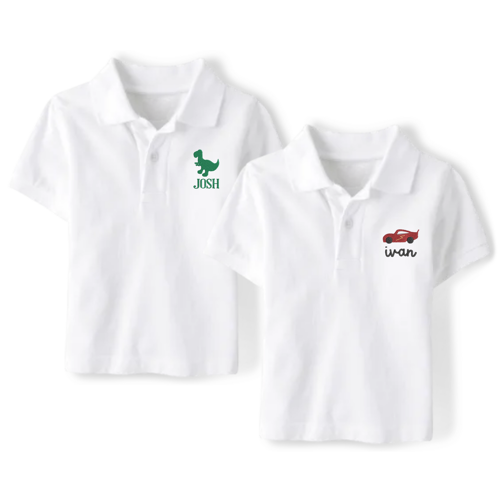 Two white polo shirts with personalized embroidery