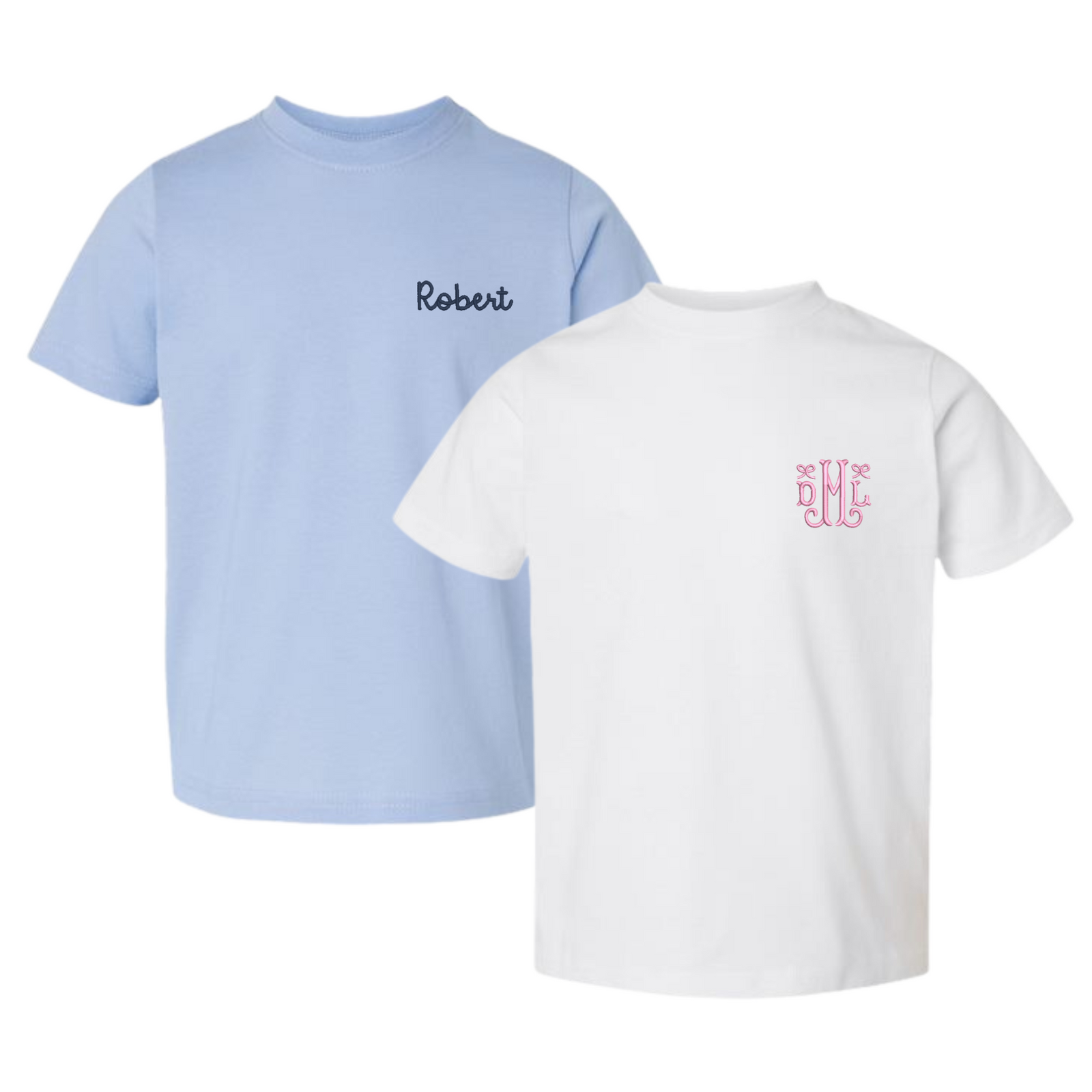Solid Short Sleeve T-Shirts in soft cotton, featuring personalized embroidery—light blue shirt with “Robert” in classic navy script and white shirt with a pink monogram design for a timeless custom touch.