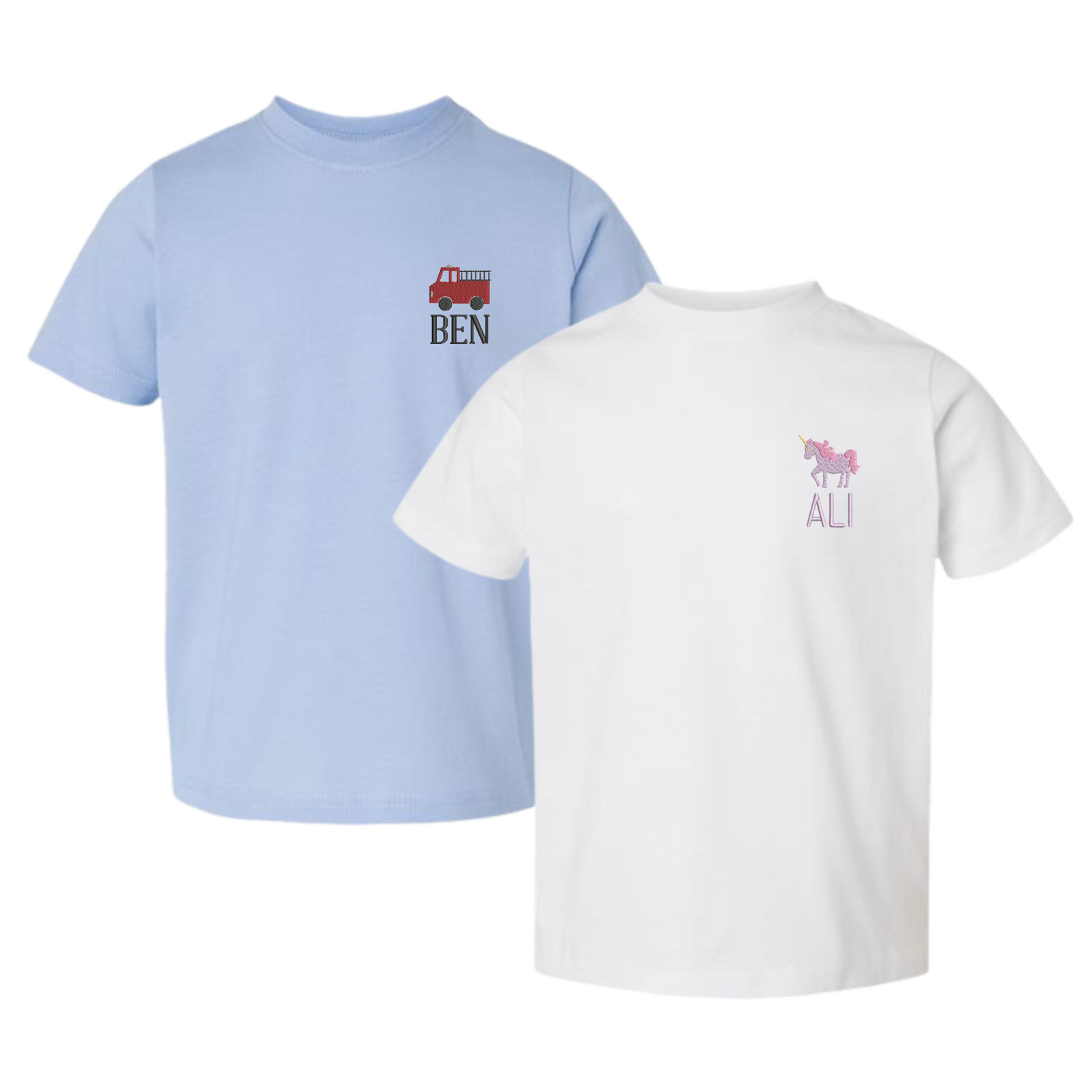 Solid Short Sleeve T-Shirts with Motif featuring playful personalization—blue tee with a red firetruck design and the name "BEN," and white tee with a pink unicorn motif and the name "ALI," perfect for everyday fun and comfort