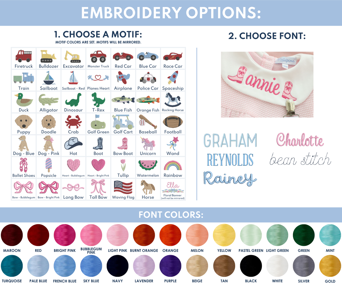 Embroidery options guide for customizing Rainey Laine’s Short Sleeve Bubble Onesie with Motif Bib, featuring 48 motif choices (e.g., firetruck, unicorn, dinosaur), multiple fonts (like Charlotte and Rainey), and over 25 thread colors including maroon, lavender, and gold for personalization.